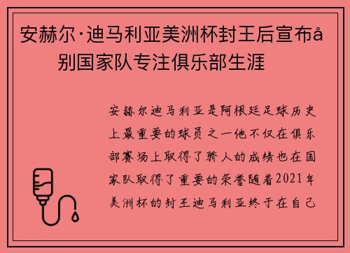 安赫尔·迪马利亚美洲杯封王后宣布告别国家队专注俱乐部生涯