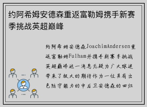 约阿希姆安德森重返富勒姆携手新赛季挑战英超巅峰